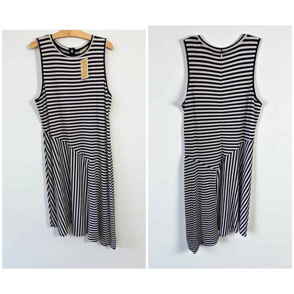 NWT Michael Kors Plus Size 2X Navy Striped Asymmetrical Midi Dress Stretch $149
